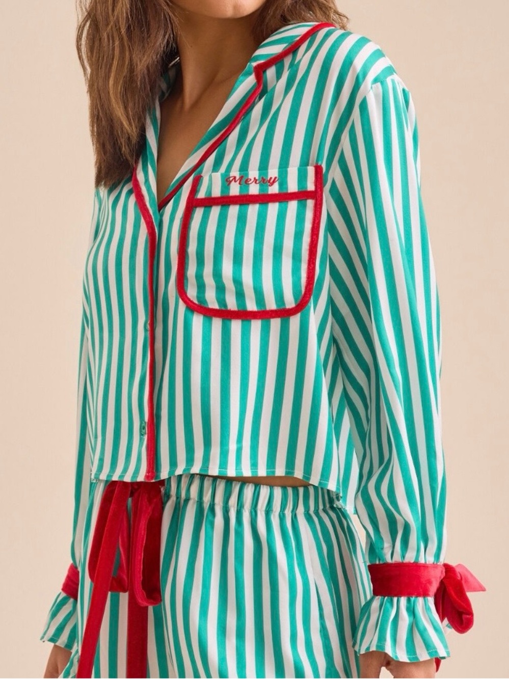 Altar'd State Green and White Striped Satin Pajama Top with Red Trim